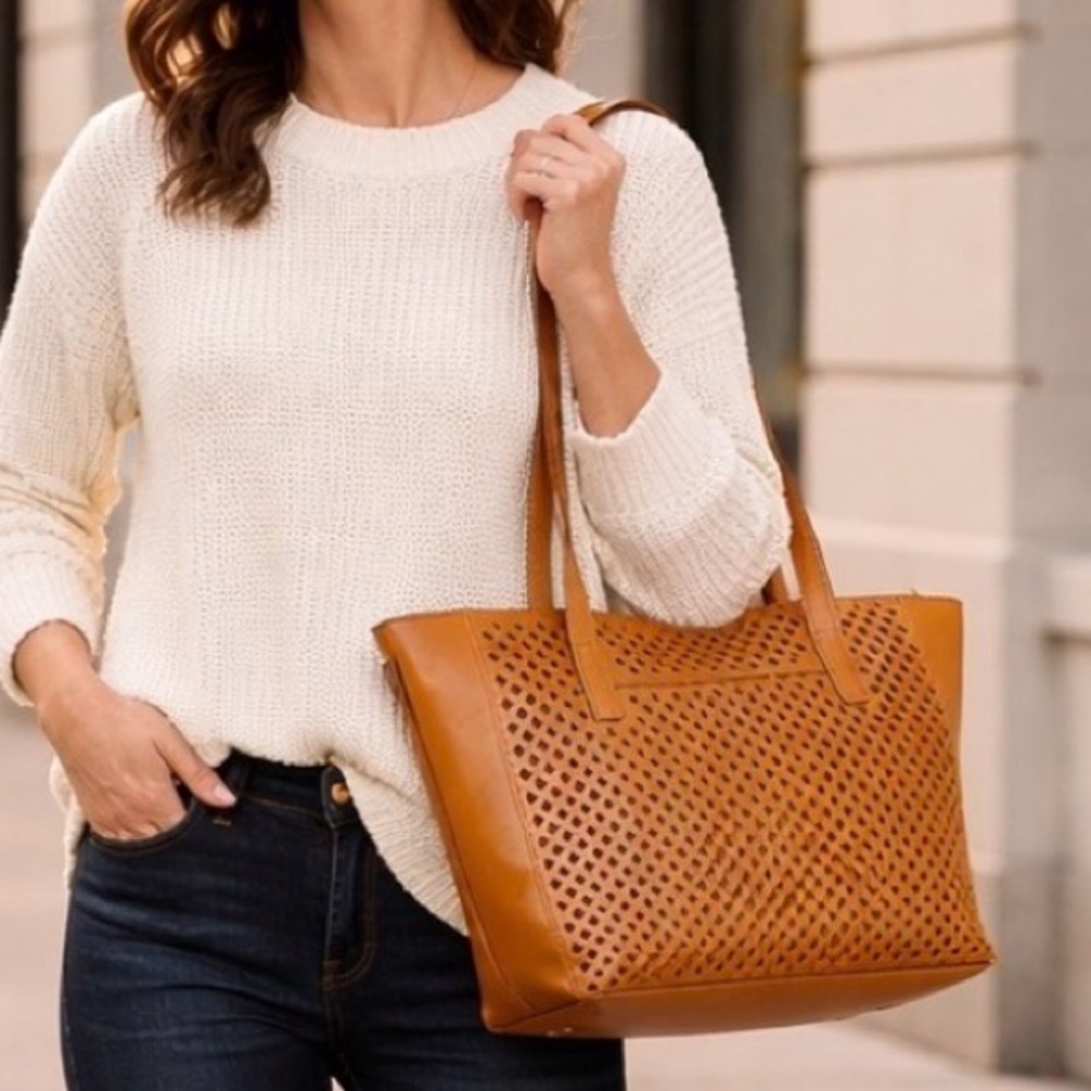PATRICIA NASH PERFORATED VARSI LEATHER TOTE SUN YELLOW  (ORANGE) HANDBAG